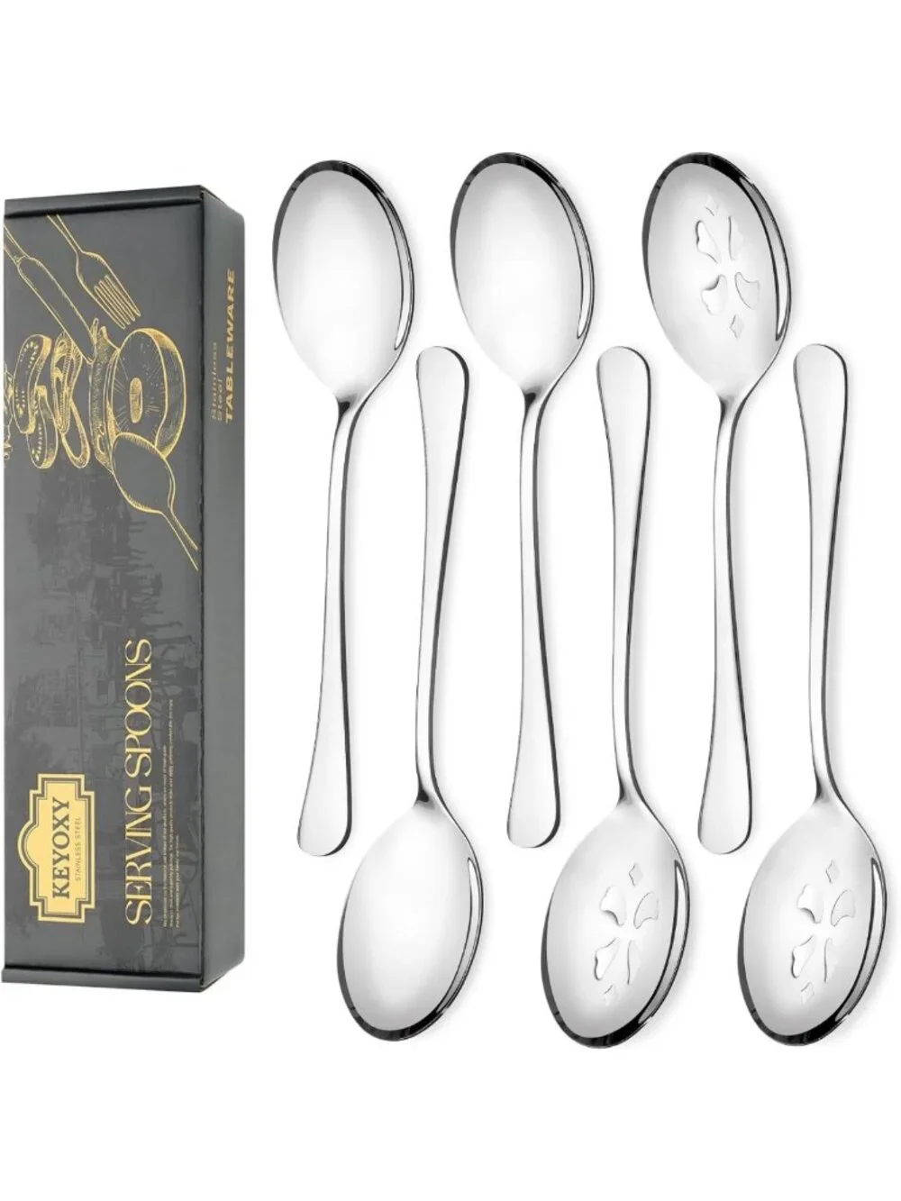 6-Piece Stainless Steel Serving Spoon Set - Large & Slotted, Dishwasher Safe